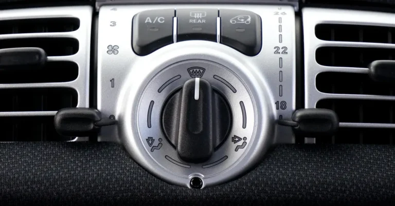 Car dashboard A/C control panel with an A/C button, rear defrost button and temperature dial