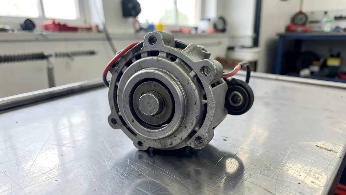 Car alternator removed from the engine and set on a workbench for inspection