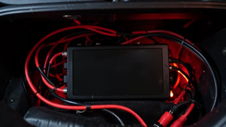 Car audio amplifier installed in the trunk with power and RCA wiring connected