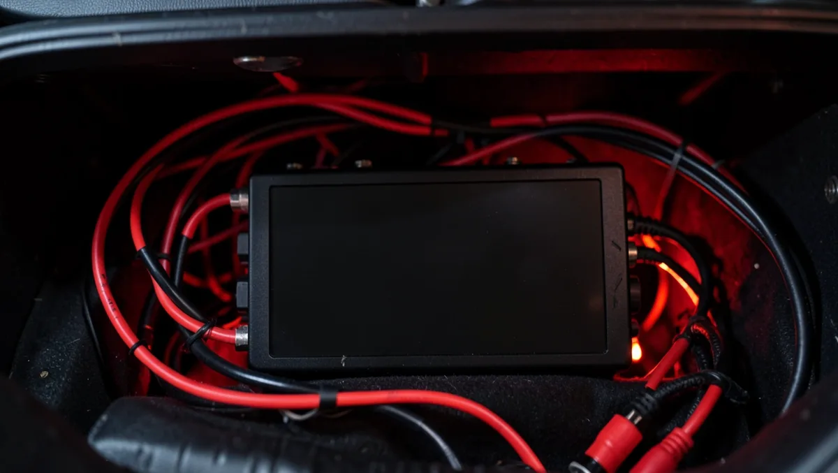 Car audio amplifier installed in the trunk with power and RCA wiring connected