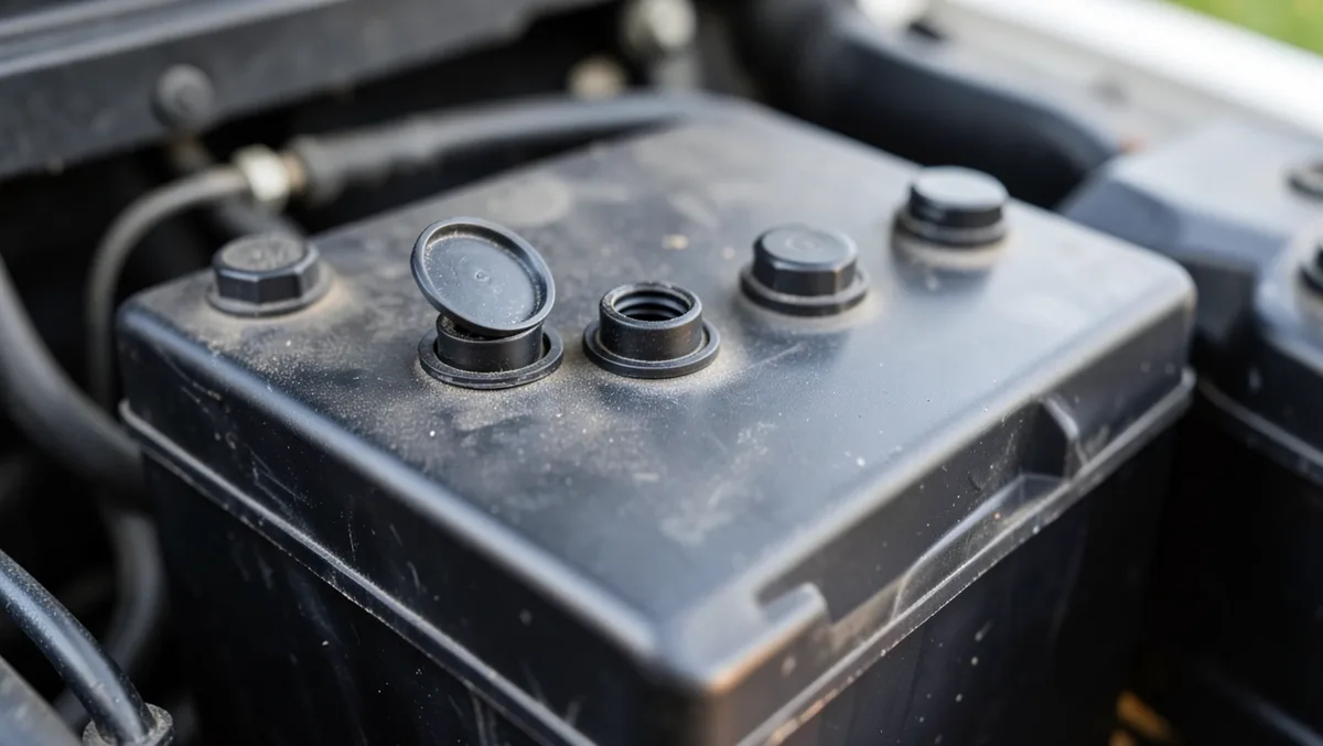 Car battery with one removable vent cap lifted out, showing the fill well where distilled water is added