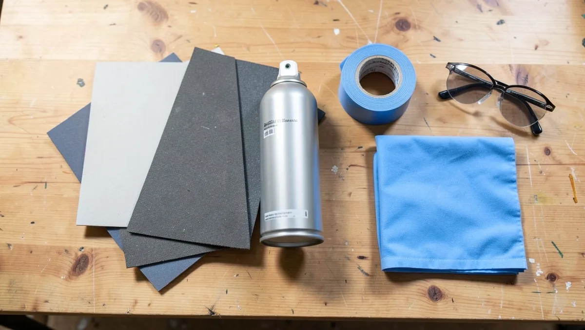Bumper paint prep supplies laid out: sandpaper, primer, masking tape, and a microfiber cloth