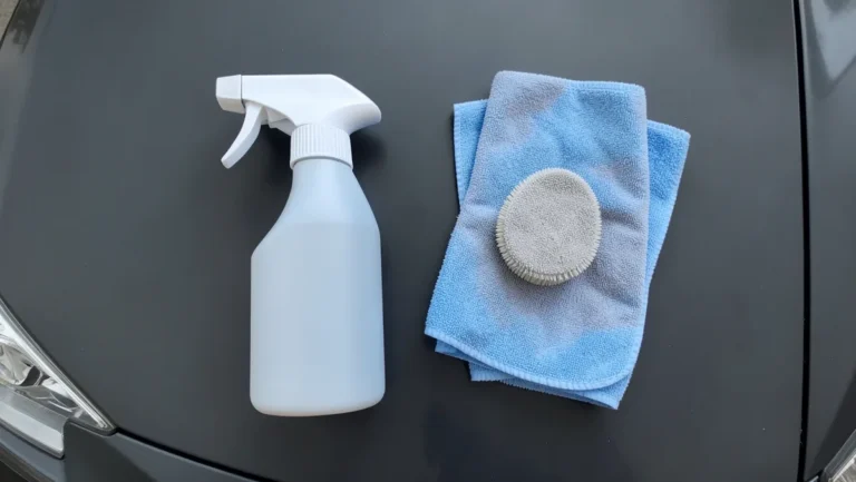 Car cleaning kit supplies including a spray bottle, microfiber towels, and an applicator pad laid out on a car hood