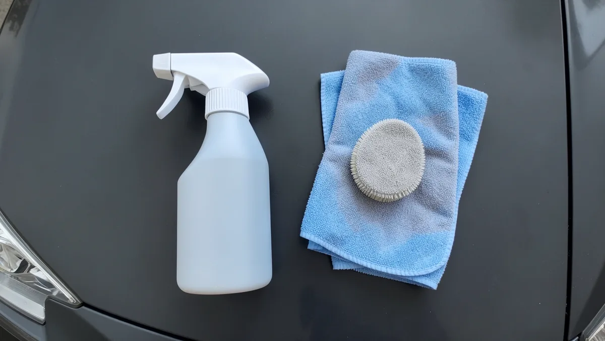 Car cleaning kit supplies including a spray bottle, microfiber towels, and an applicator pad laid out on a car hood