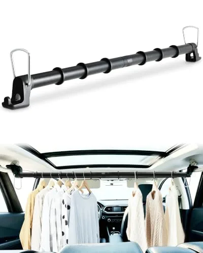 Adjustable car clothes hanger bar with 9 anti-slip rubber rings, shown mounted above the rear seat holding several hanging garments