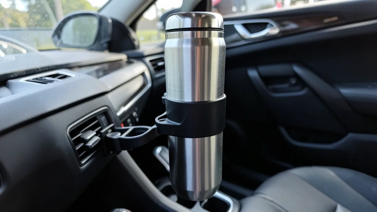 Car cup holder expander mounted on an AC vent holding a large stainless steel water bottle