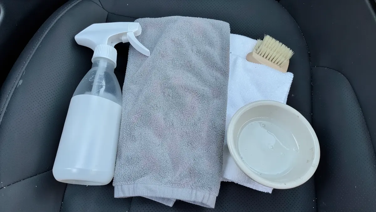 Car interior cleaning supplies including spray cleaner, microfiber towels, and a soft brush