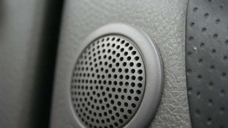 Close-up of a round perforated speaker grille on a car door panel