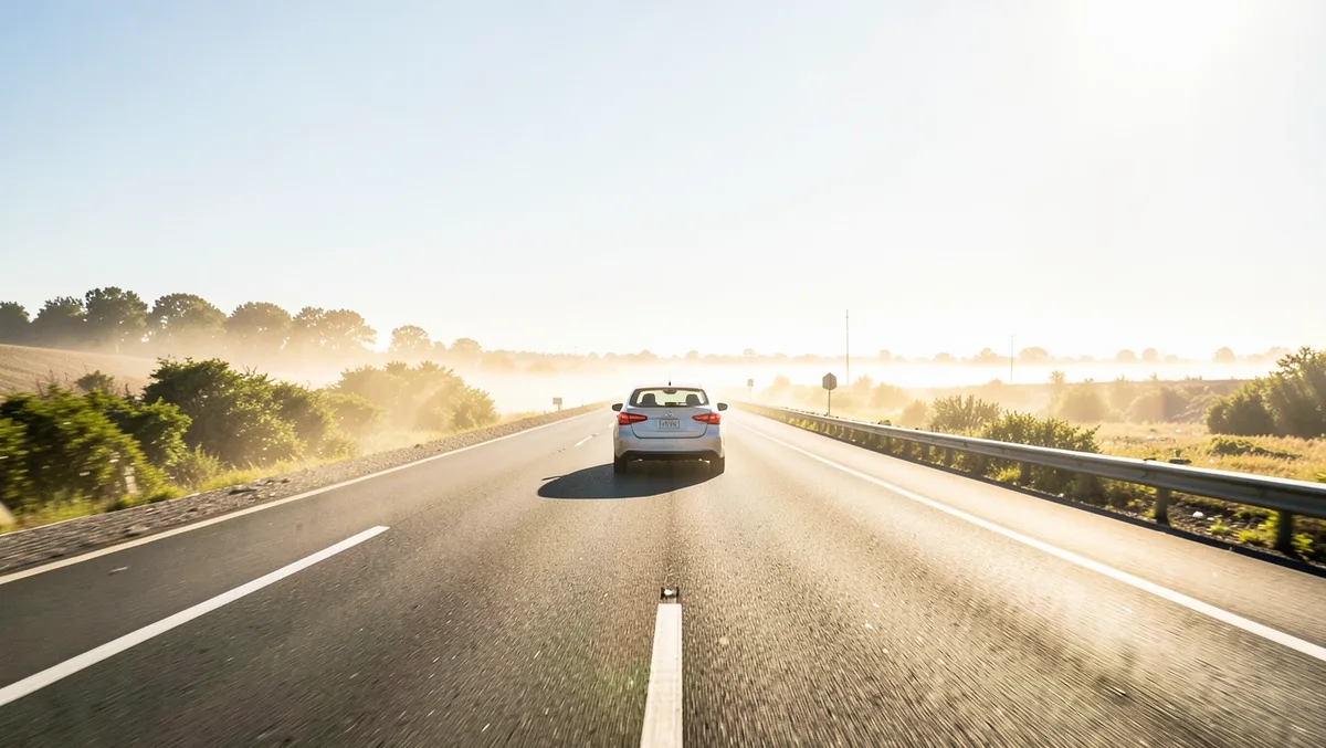 A car driving on a highway in hot weather with heat haze rising off the road