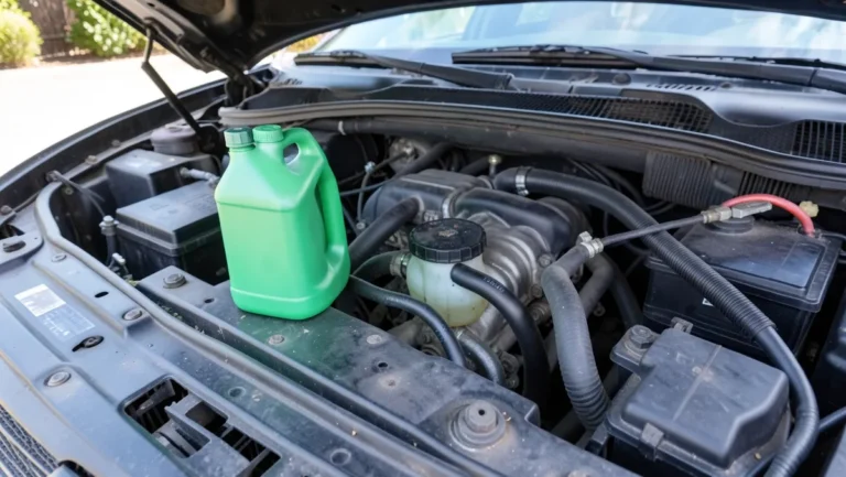 Green coolant jug resting in an open car engine bay next to the reservoir