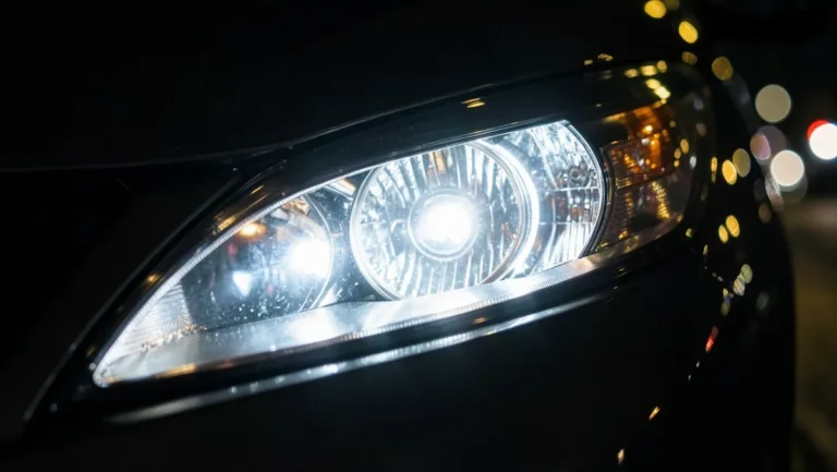 Close-up of a glowing car headlight assembly at night