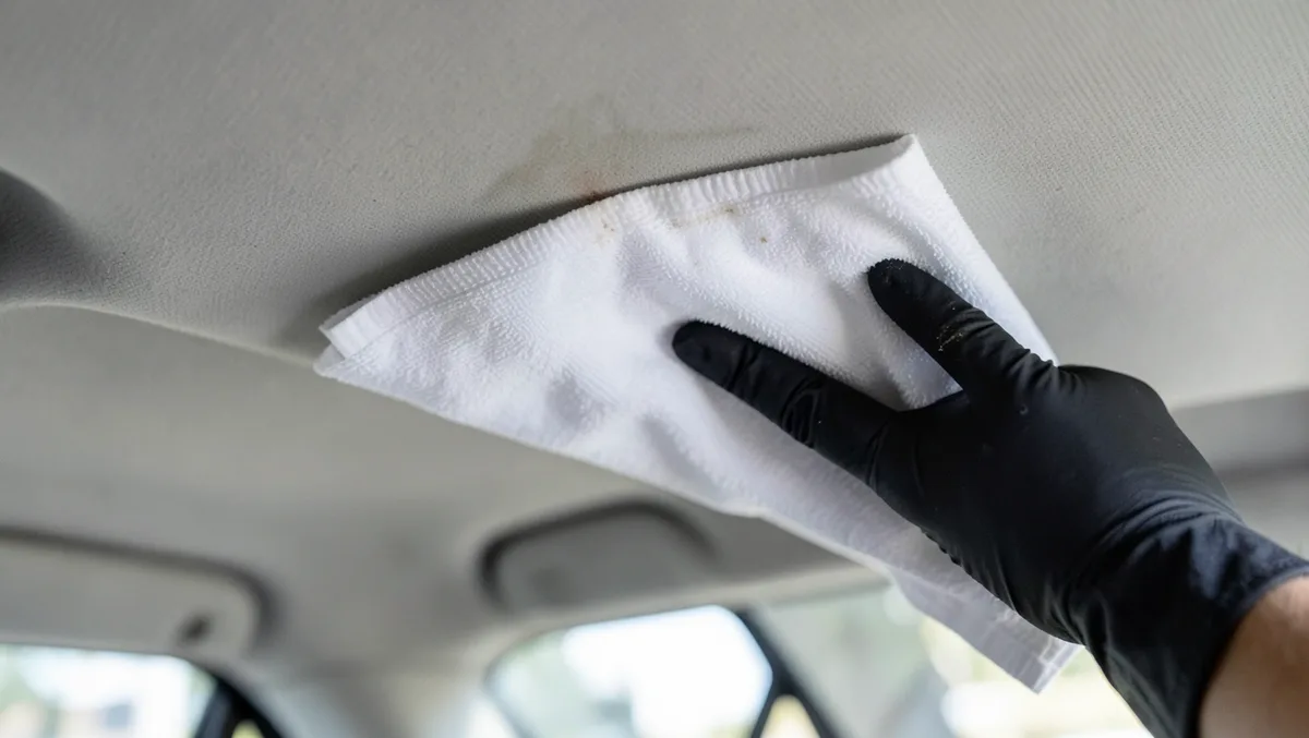 Wiping a coffee stain off a car headliner with a microfiber cloth