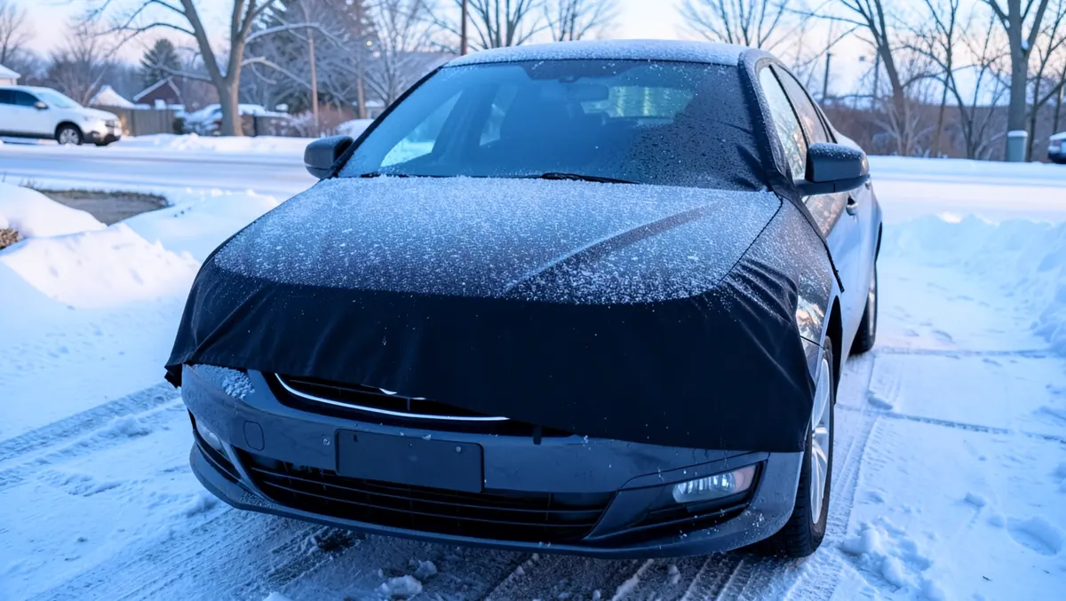 Black fitted windshield and hood snow cover on a car in a snowy driveway