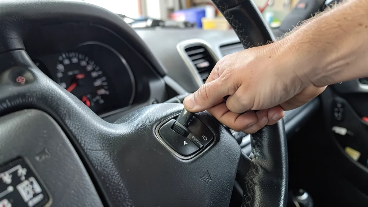 Hand pressing a steering wheel control near the horn area on a car dashboard