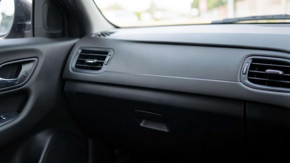 Car dashboard and door panel with a fresh matte black vinyl interior finish
