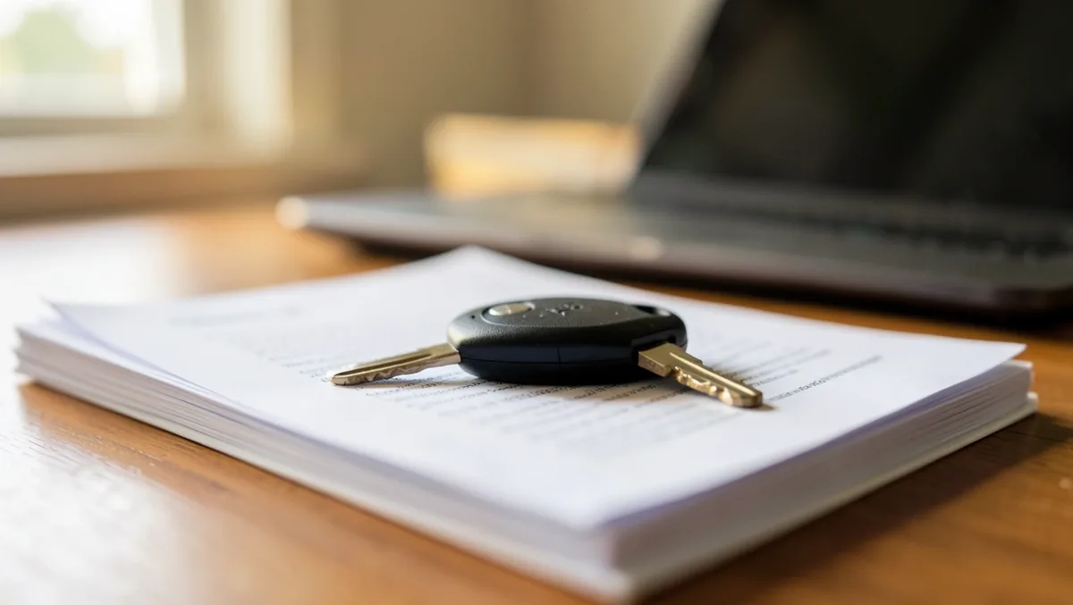 Car key resting on a stack of driving record documents next to a laptop