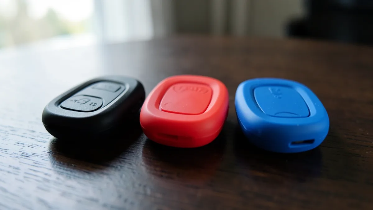 Three car key fobs with black, red, and blue silicone protective covers on a wood table
