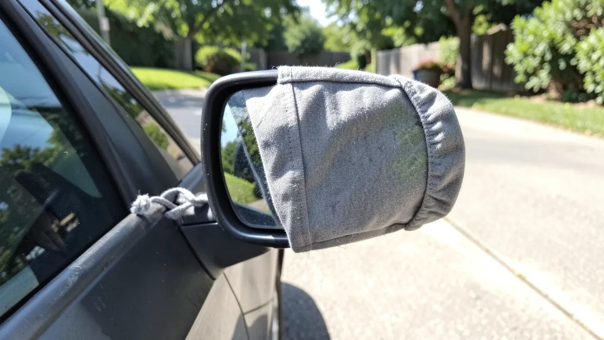 Car side mirror wrapped in a fabric drawstring cover to block the reflective glass from birds
