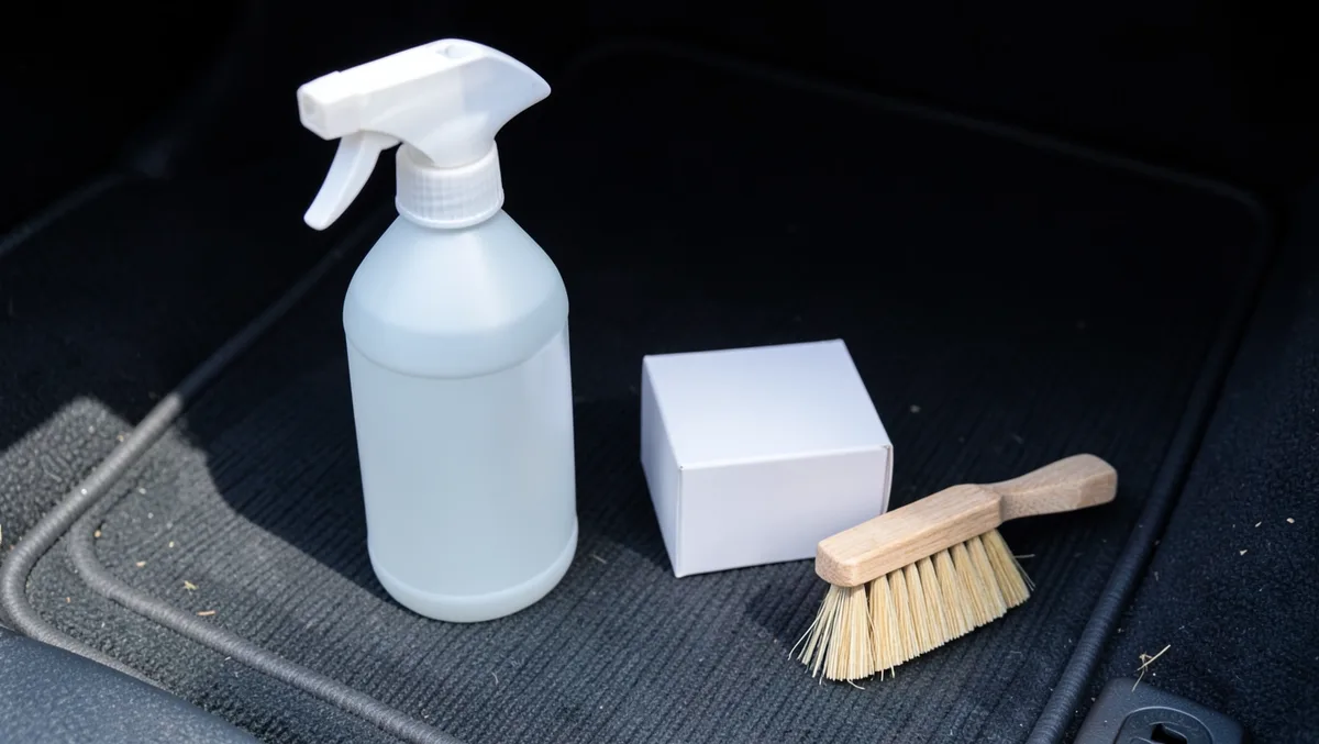 Vinegar spray bottle, baking soda, and a scrub brush used to clean mold from a car interior