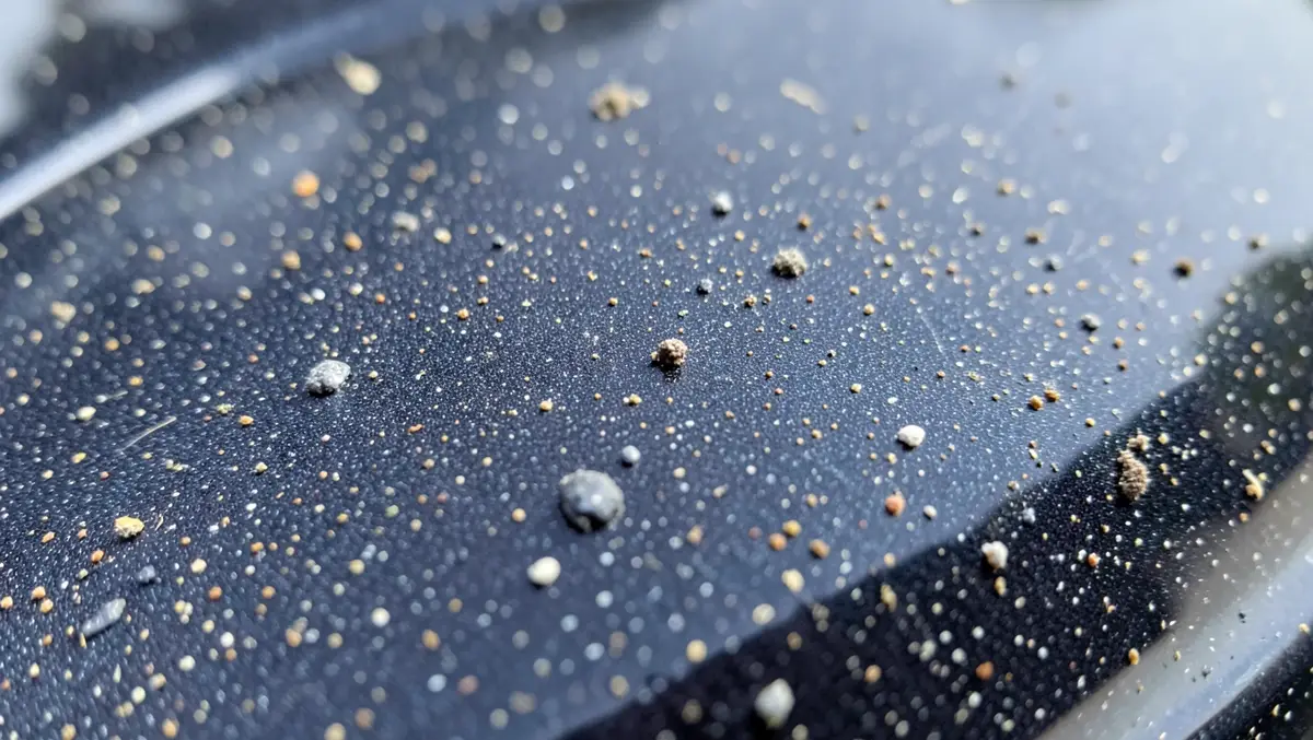 Extreme close-up of dust and grime particles embedded in dark car paint before clay bar treatment