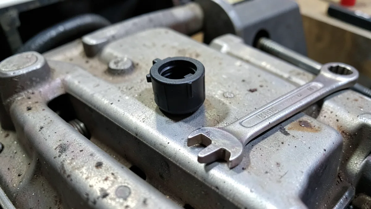 A small black PCV valve removed from a car engine valve cover next to a wrench