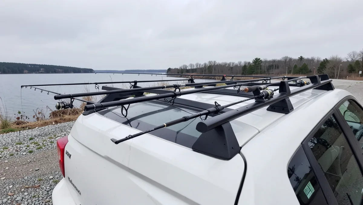 Roof rack on a white SUV carrying several fishing rods secured with straps near a lake