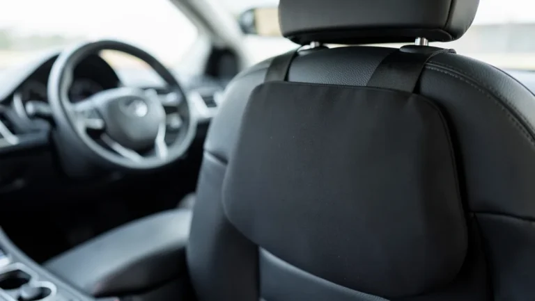 Black lumbar support cushion strapped to a car driver seat backrest for back support