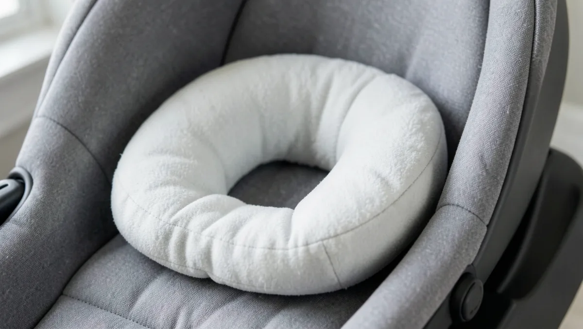 A soft head support insert cushion resting inside a gray infant car seat shell