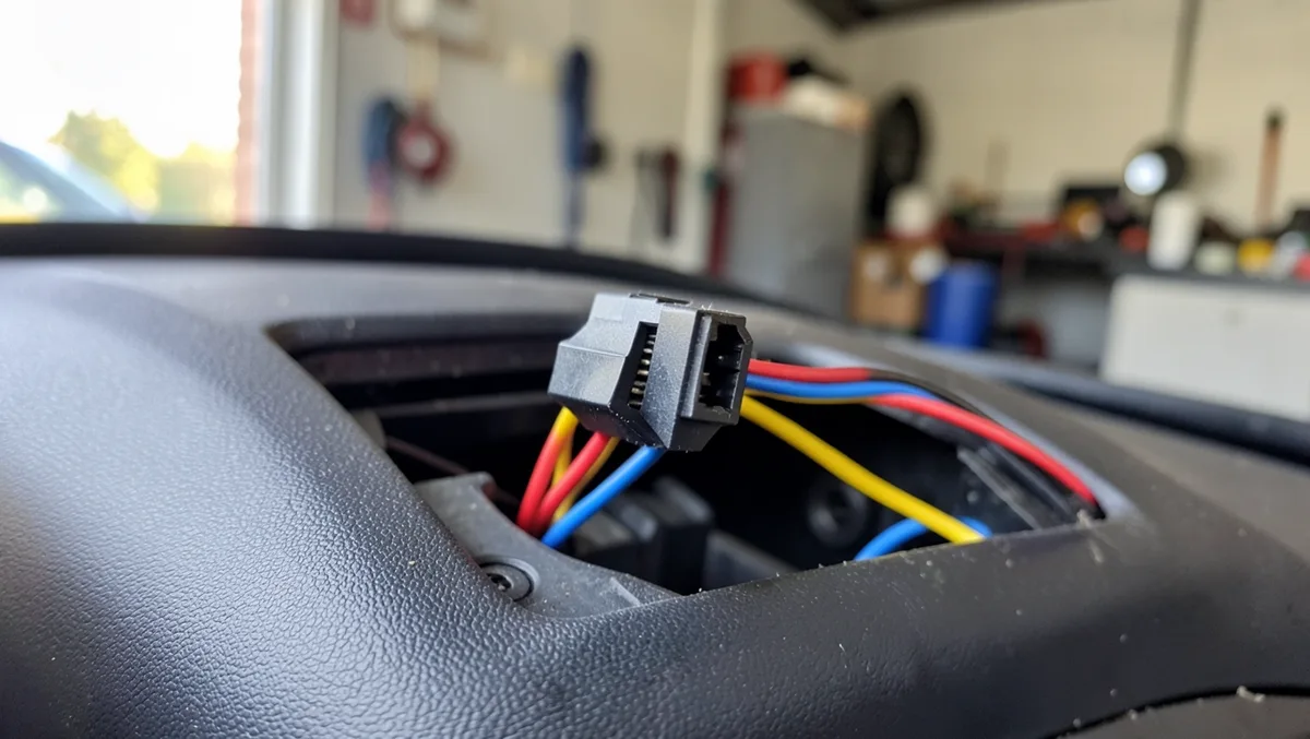 Car stereo wiring harness adapter with color-coded wires pulled from behind a dashboard opening