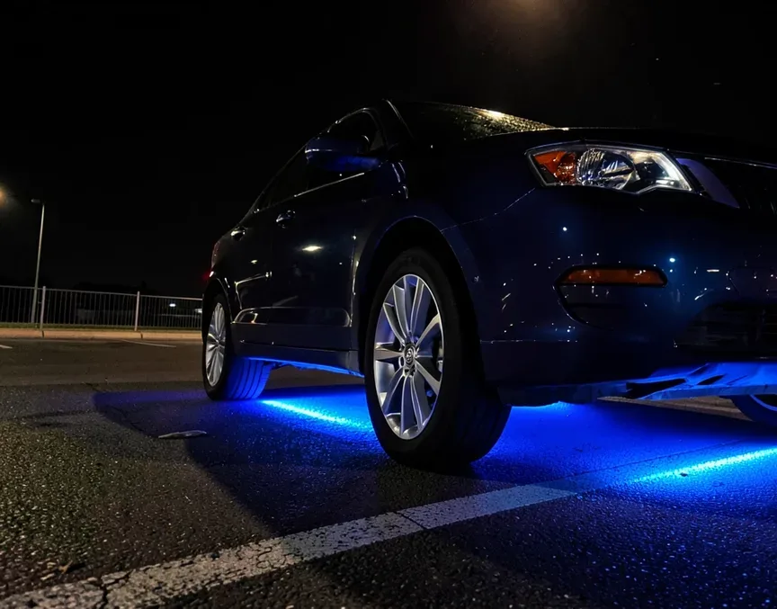 Blue LED underglow lighting installed beneath a parked car at night