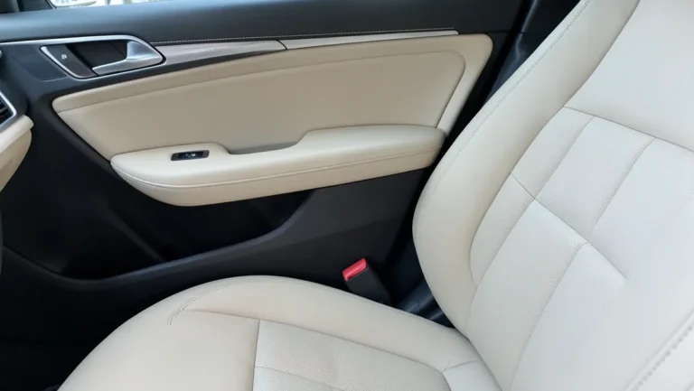 Car interior with new beige leather upholstery on seats and door panel