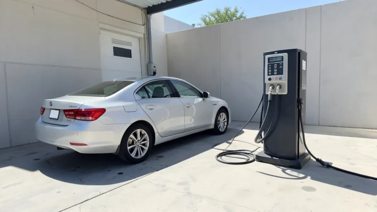 A sedan parked next to a self-serve vacuum station bay at a car wash