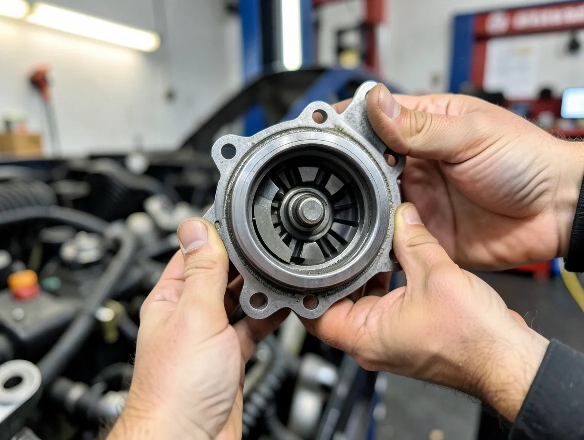 Mechanic holding a removed automotive water pump showing the impeller