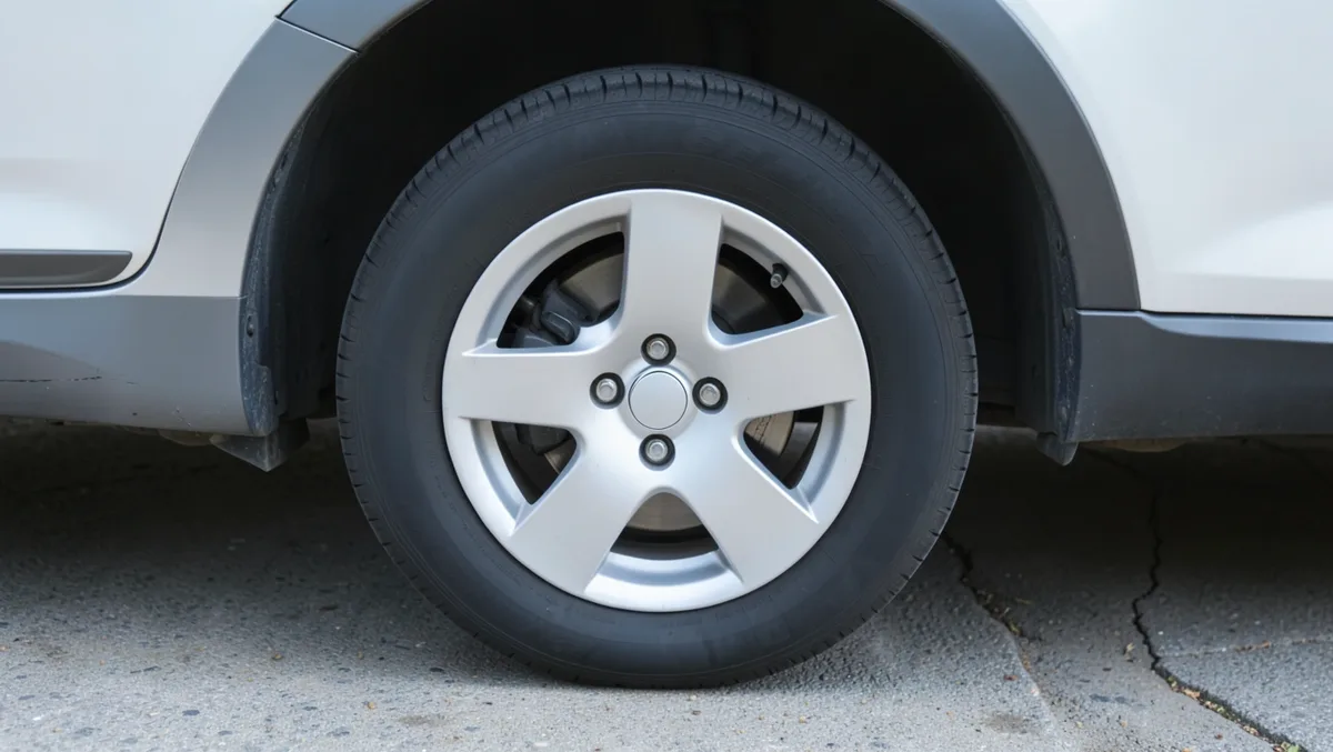 Car wheel and tire parked in a driveway, ready for a tire pressure check