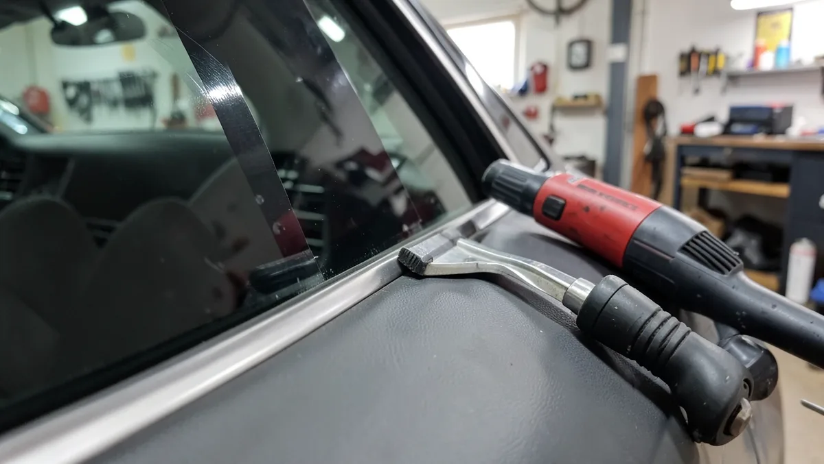 Squeegee and heat gun beside tint film being applied to a car window