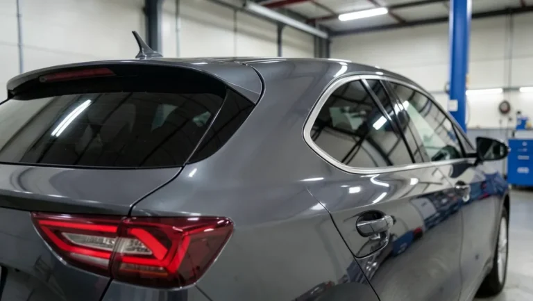 Dark tinted rear side window and rear windshield of a sedan in a tint shop bay