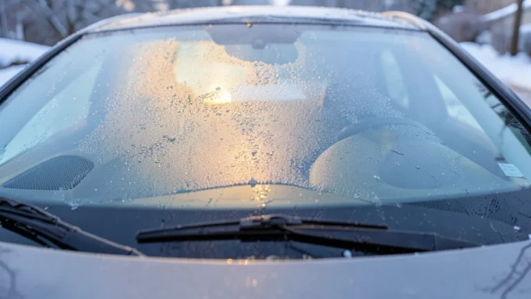Car windshield partially cleared by the defroster on a frosty morning, showing the defrost pattern
