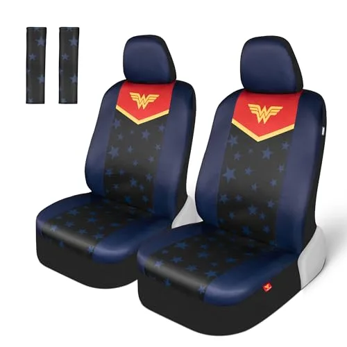 Carbella Warner Bros DC Comics Wonder Woman front car seat covers, pair, with removable head covers and matching seat belt pads