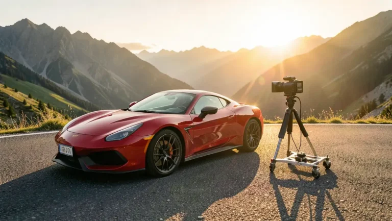 Red sports car being filmed by a camera on a tripod on a mountain road at golden hour