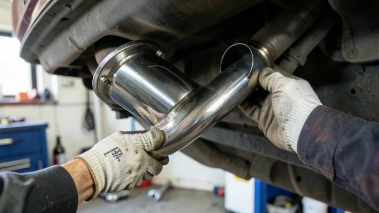 Mechanic installing a new stainless steel universal catalytic converter under a car
