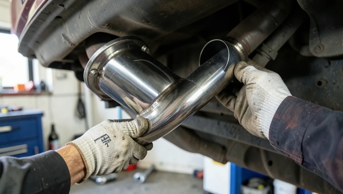 Mechanic installing a new stainless steel universal catalytic converter under a car