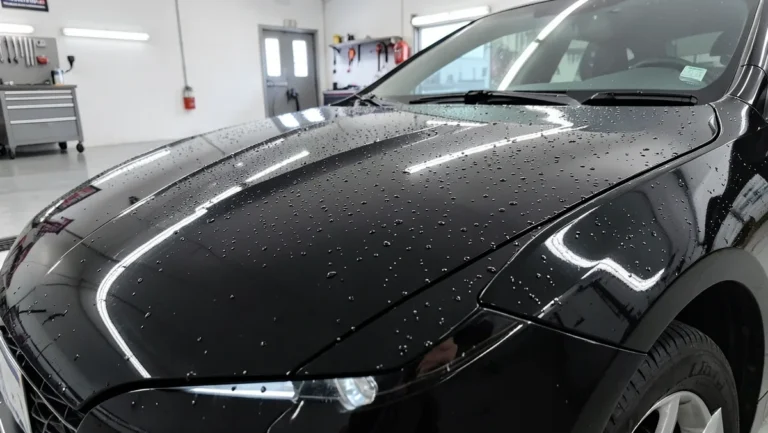 Glossy black car hood with ceramic coating causing water droplets to bead on the paint
