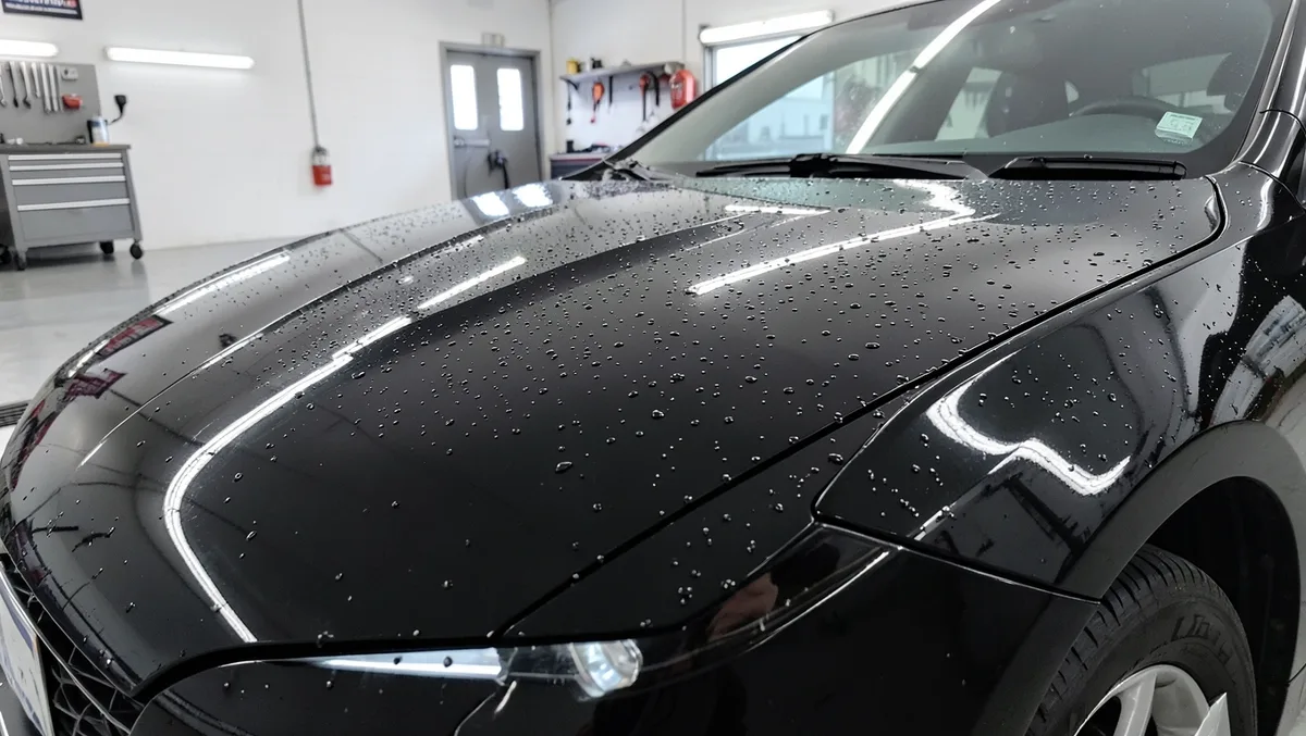 Glossy black car hood with ceramic coating causing water droplets to bead on the paint