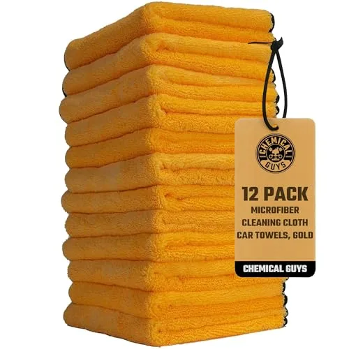 Chemical Guys gold professional microfiber towels stacked in a 12-pack with hang tag