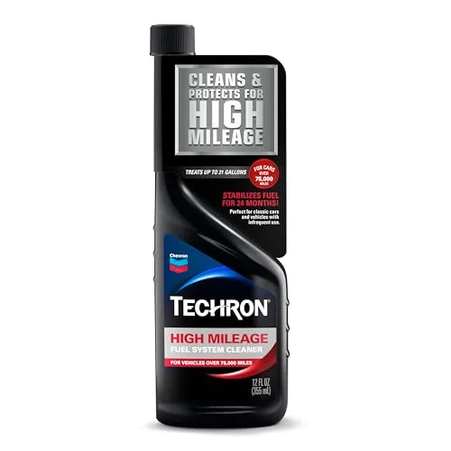Chevron Techron High Mileage 12 oz fuel system cleaner bottle for vehicles over 75000 miles