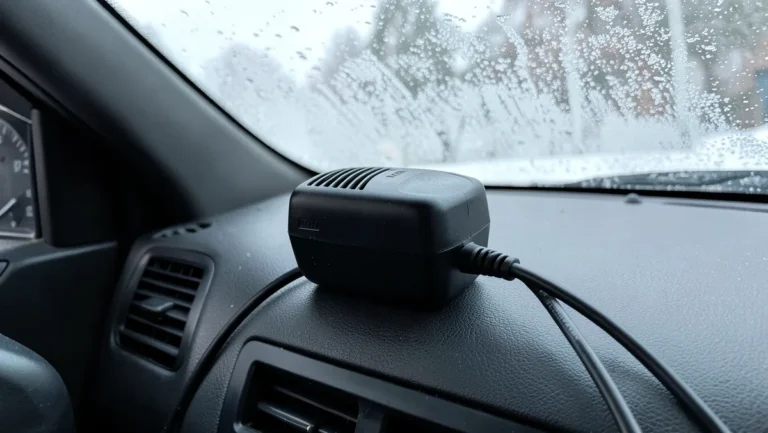 12V cigarette lighter car heater plugged in on a frosty car dashboard