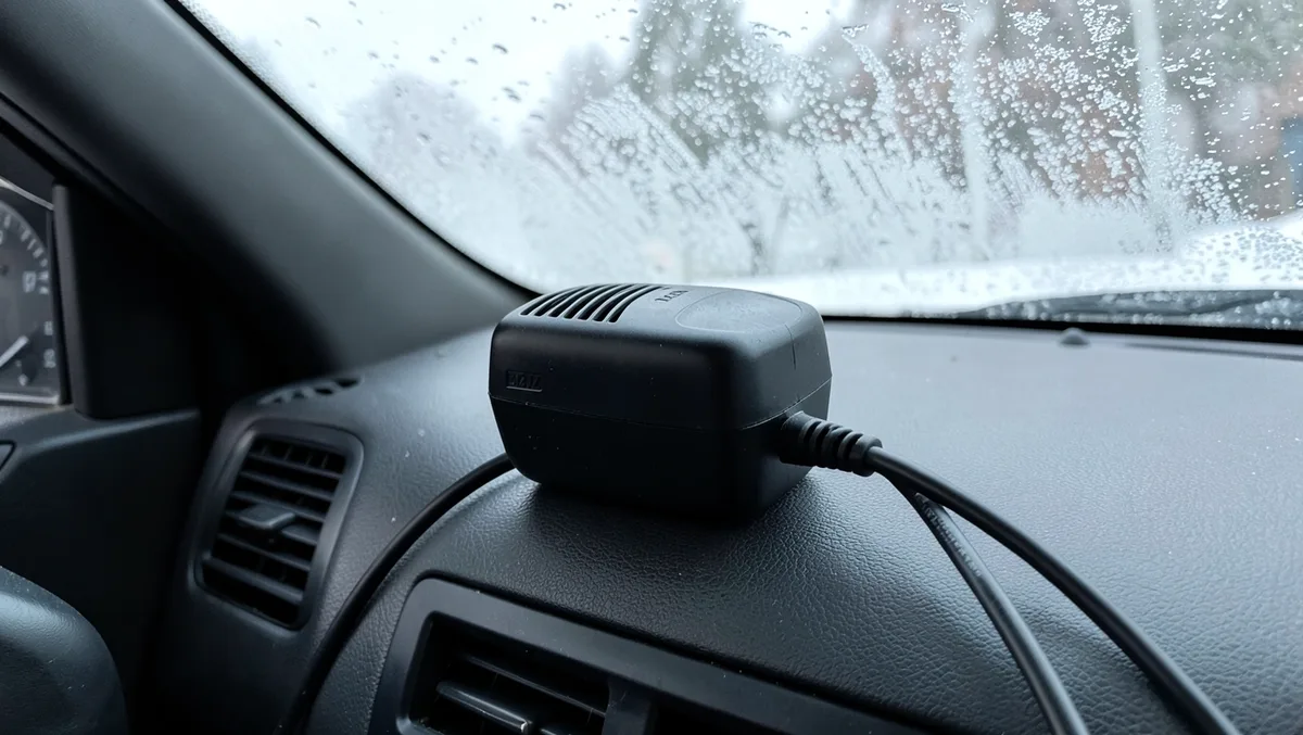 12V cigarette lighter car heater plugged in on a frosty car dashboard