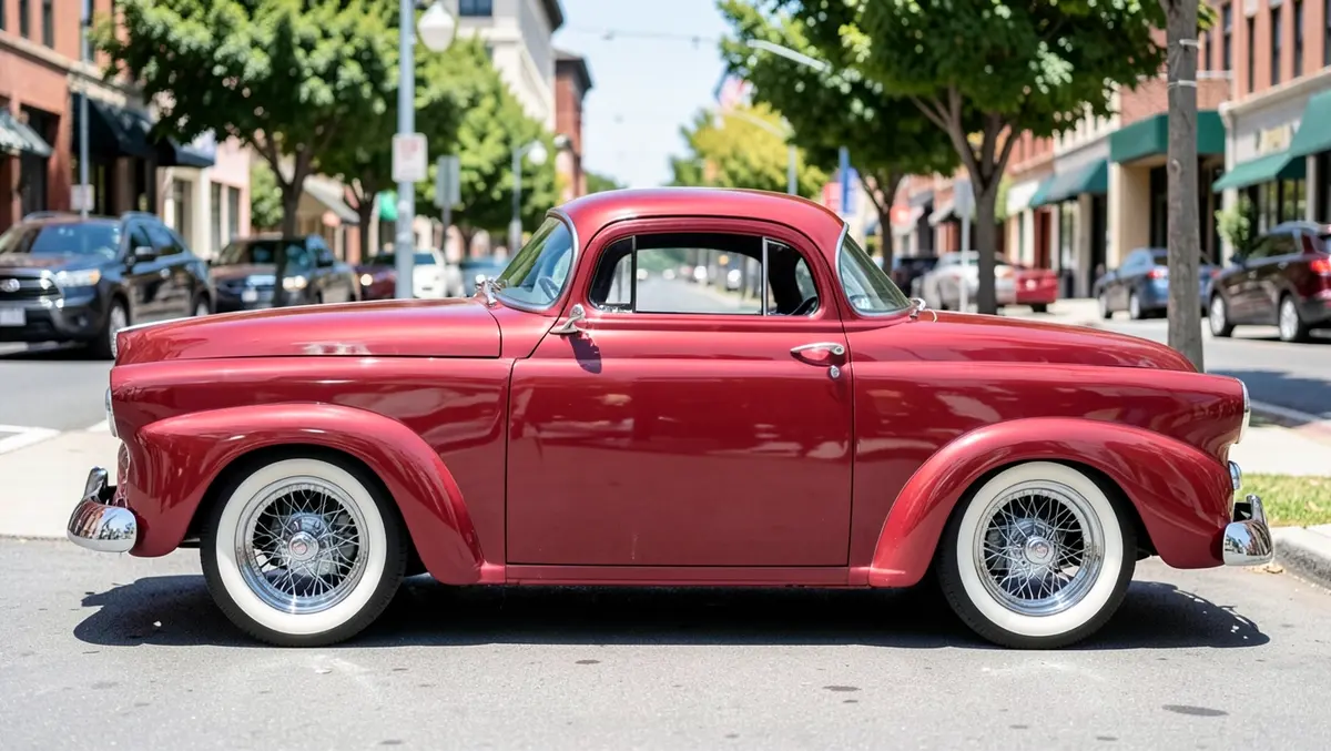 Classic red lowrider coupe fitted with chrome wire spoke wheels and whitewall tires parked on a city street