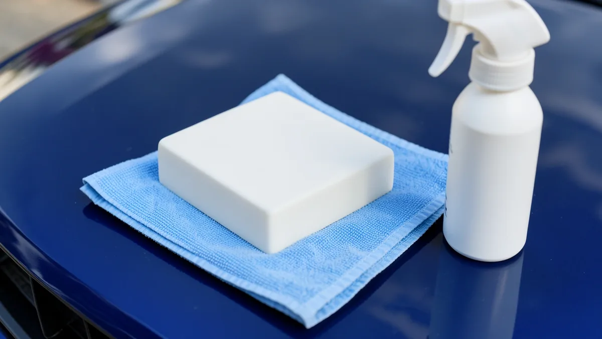 White detailing clay bar and unlabeled lubricant spray bottle on a microfiber towel on a car hood