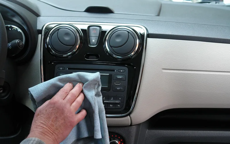 Microfiber cloth wiping down a car dashboard and center console during interior cleaning Microfiber cloth wiping down a car dashboard and center console during interior cleaning